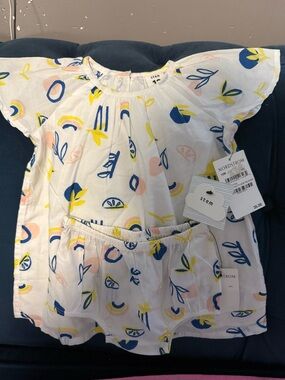 stem White Baby Dress & Shorts Set with Blue, Yellow, and Pink Print